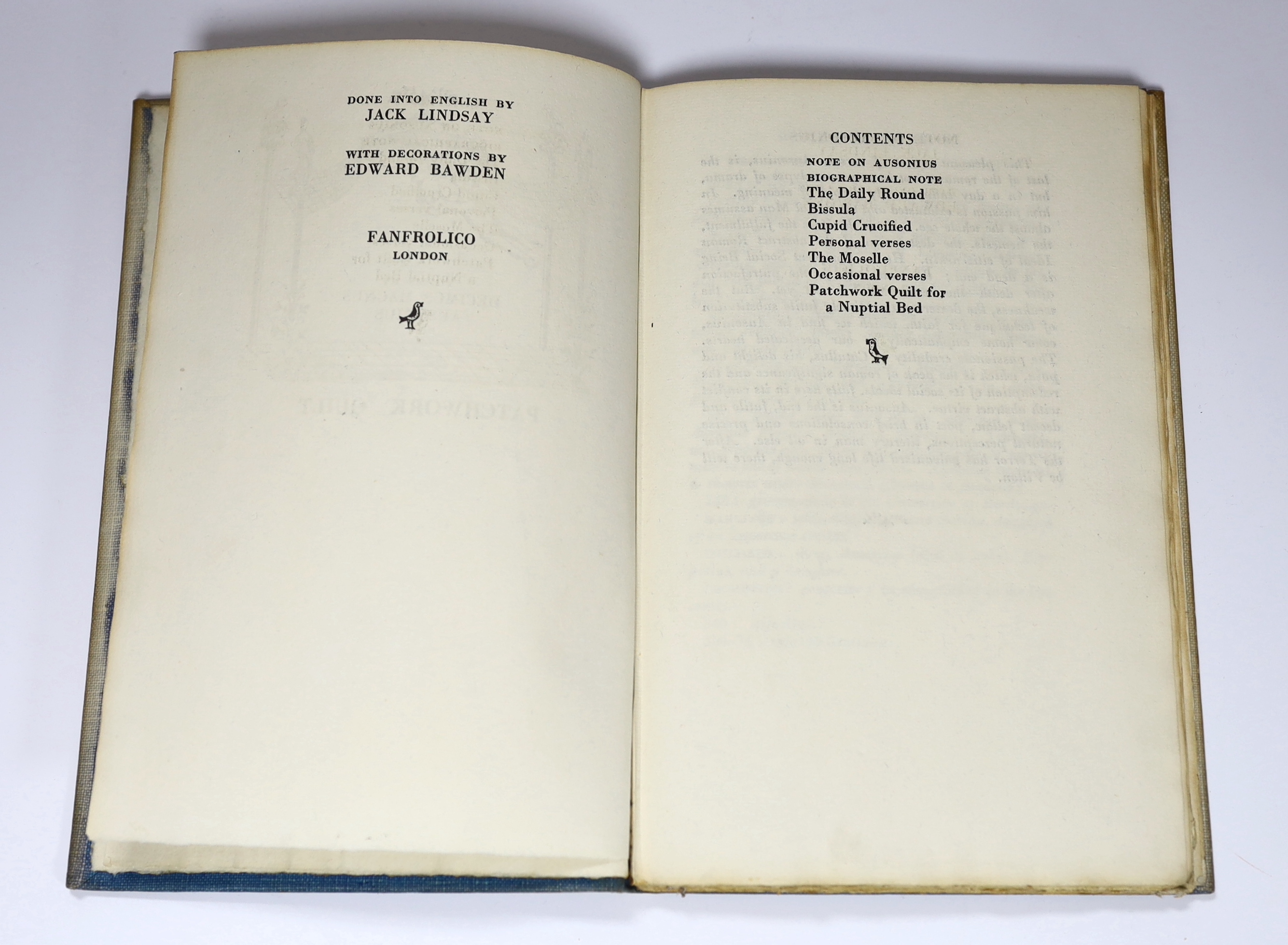 Bawden, Edward - Ausonius, Decimus Magnus - Patchwork Quilt. Poems by Decimus Magnus Ausonius, done into English by Jack Lindsay with decorations by Edward Bawden, 1st edition, one of 400, 8vo, blue diamond patterned buc